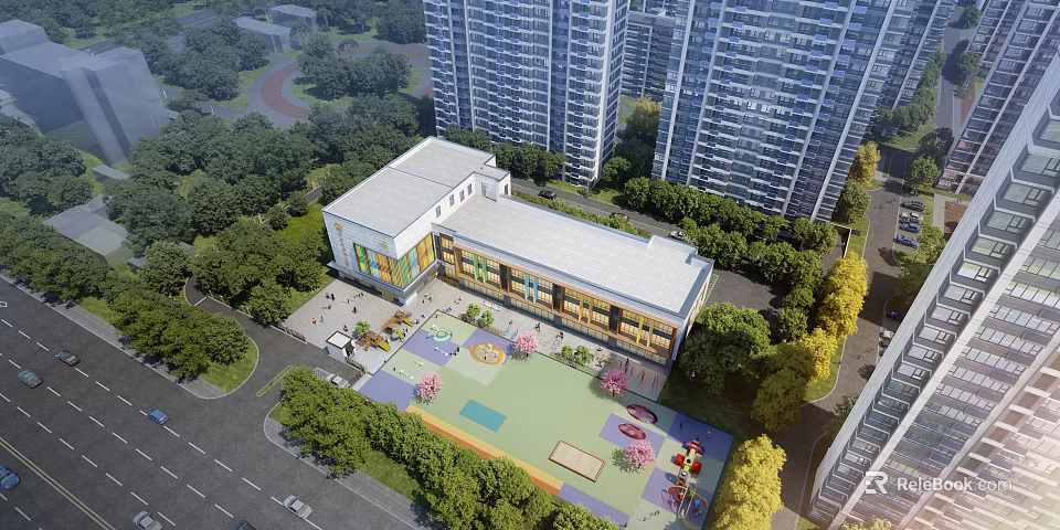 Aerial Planning of Residential Area with Playground Greenery High Rise Buildings and Roads 3d model 