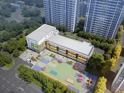 Aerial Planning of Residential Area with Playground Greenery High Rise Buildings and Roads 3d model