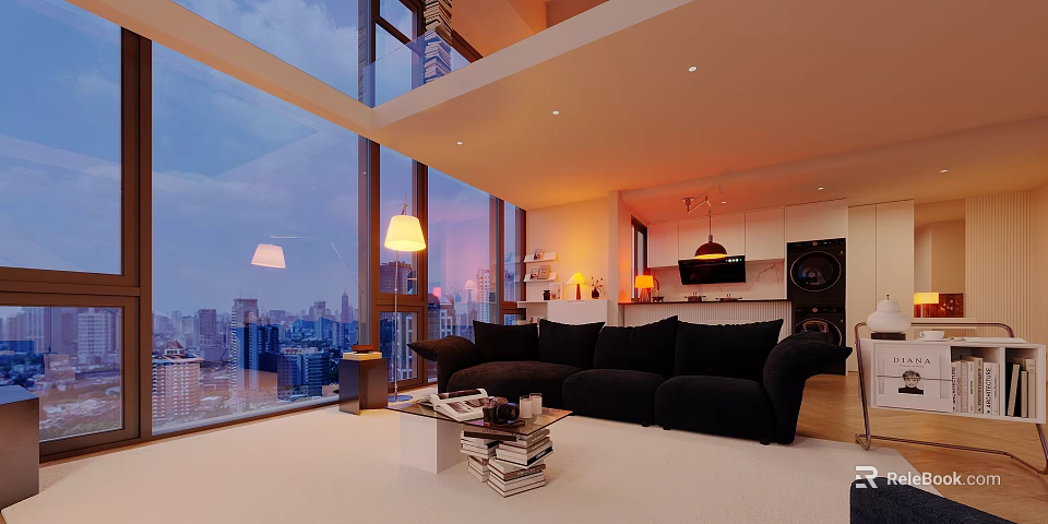 Modern Apartment Interior With City View Large Windows And Black Sofa 3d model 