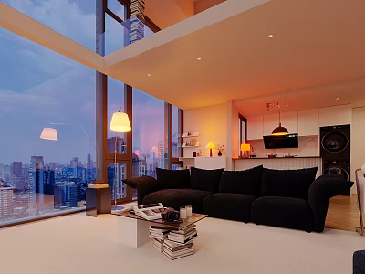 Modern Apartment Interior With City View Large Windows And Black Sofa 3d model