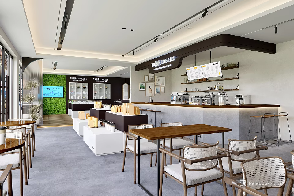 Modern Cafe Interior With Coffee Bar Counter Tables Chairs And Green Plant Wall 3d model 