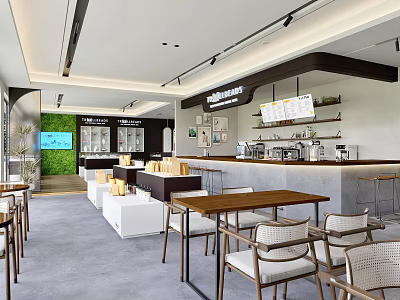 Modern Cafe Interior With Coffee Bar Counter Tables Chairs And Green Plant Wall 3d model