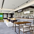 Modern Cafe Interior With Coffee Bar Counter Tables Chairs And Green Plant Wall