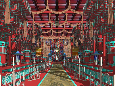 Traditional Ancient Architecture Interior With Red Wooden Beams Ornate Carvings And Hanging Lanterns 3d model