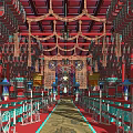 Traditional Ancient Architecture Interior With Red Wooden Beams Ornate Carvings And Hanging Lanterns