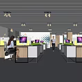 Modern Public Office Space With Open Layout Workstations Computers Large Windows And Ceiling Lights 3d model