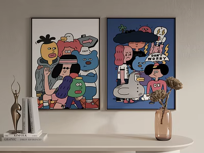 Colorful Cartoon Art Wall Decor For Modern Interior With Tabletop Books Sculpture And Vase 3d model