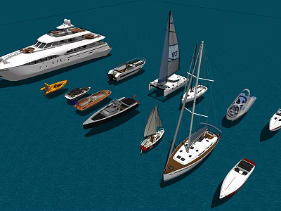 3D Visualization Of Various Yachts And Boats On Blue Water 3d model