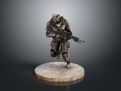 Game Movie Character in Tactical Armor Holding Assault Rifle Dynamic Combat Stance on Base Stand 3d model