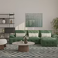 Stylish Green Sofa And Round Coffee Table With Vase Flowers Decorative Painting And Patterned Rug