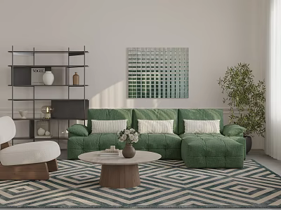 Stylish Green Sofa And Round Coffee Table With Vase Flowers Decorative Painting And Patterned Rug 3d model