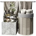 Essential Bathroom Accessories With Toiletries Candles Towels Small Flowers And Wicker Basket