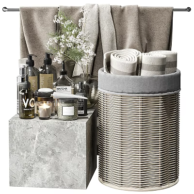 Essential Bathroom Accessories With Toiletries Candles Towels Small Flowers And Wicker Basket 3d model