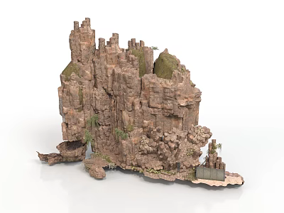 Craggy Rocky Mountain Scene Structure With Layered Cliffs And Miniature Building 3d model