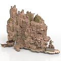 Craggy Rocky Mountain Scene Structure With Layered Cliffs And Miniature Building