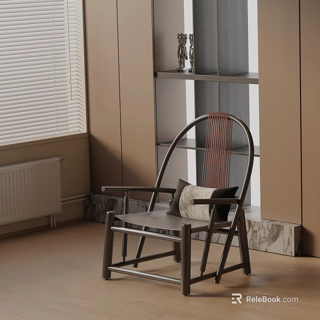 Modern Wicker Back Armchair With Light Cushion In Neutral Room With Marble Shelf 3d model 