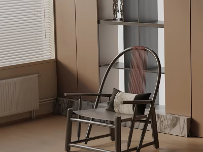 Modern Wicker Back Armchair With Light Cushion In Neutral Room With Marble Shelf 3d model