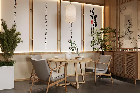 New Chinese Style Tea Table and Chair Combination Song Style Aesthetics Tea Table and Chair Chinese Style Tea Room Ancient Style Negotiation Table and Chair Leisure Table and Chair Solid Wood Dining Table and Chair Potted Plant 3d model