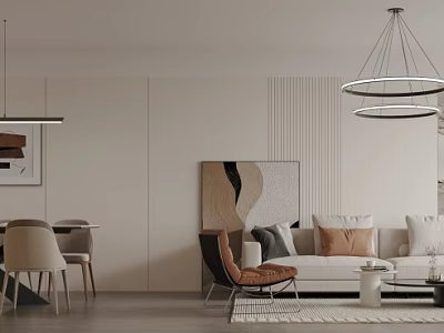 Modern Living and Dining Room Interior With Light Sofa Throw Pillows Dining Table Pendant Lights 3d model