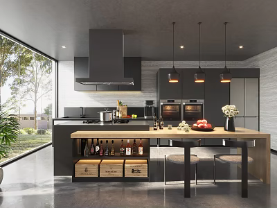 Modern Kitchen Interior Design With Island Counter Hanging Lights Wine Storage And Cabinets 3d model