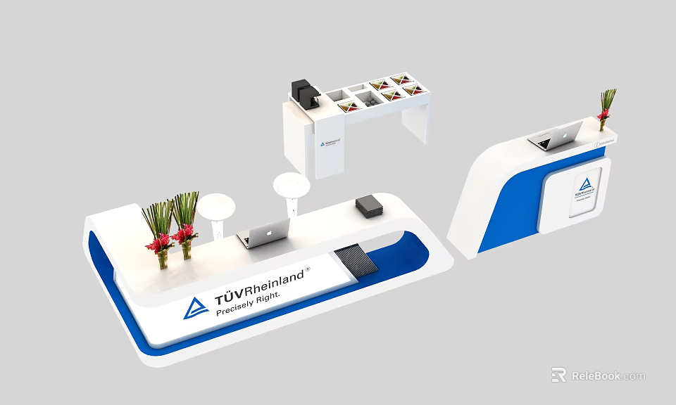 TUV Rheinland Thailand Reception Desk with White Blue Design Flower Vase and Laptop 3d model 