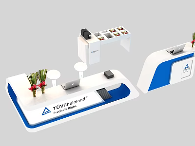 TUV Rheinland Thailand Reception Desk with White Blue Design Flower Vase and Laptop 3d model