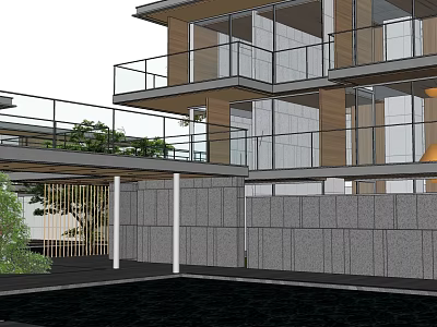 Modern Detached Villa With Glass Curtain Walls Balconies And Courtyard Design 3d model