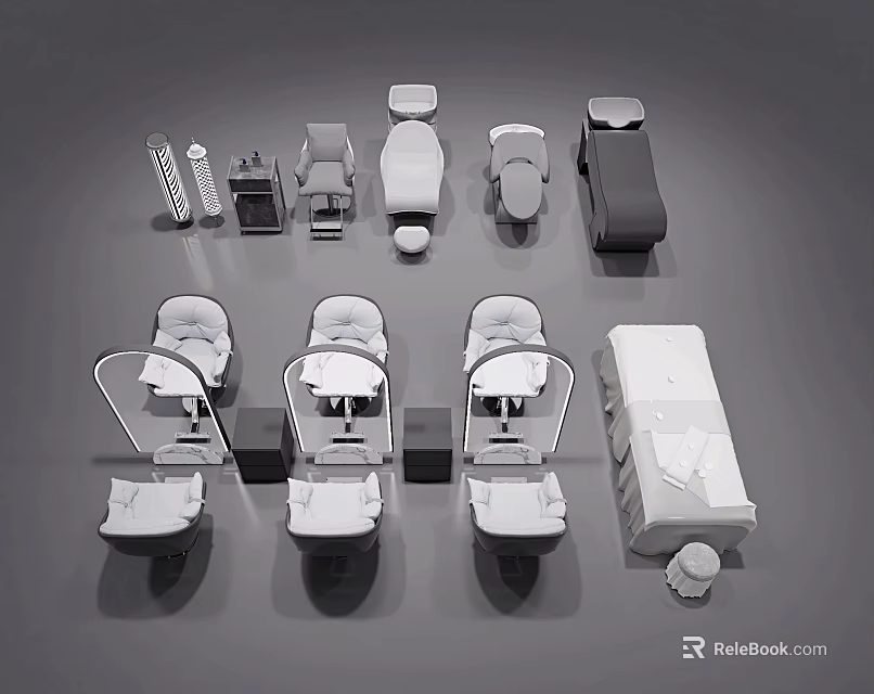 Medical Beauty Treatment Equipment Collection With Treatment Chairs Bed And Cabinets 3d model 