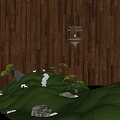 Indoor Landscape Interior With Wooden Walls Hanging Lantern Mossy Hill Small Deer And Water Flow
