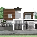 Modern Detached Villa With Wooden Facade White Walls Greenery Black Gate And Parking Space