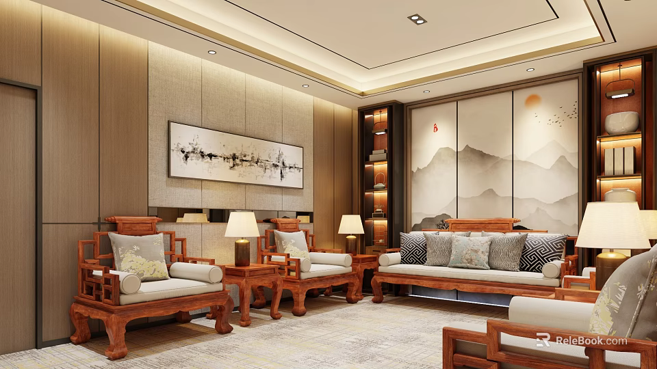 Traditional Chinese Living Room Interior With Wooden Sofa Chairs Coffee Tables And Landscape Paintings 3d model 