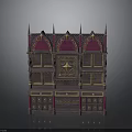 Gothic Style Display Cabinet With Purple Gold Accents Intricate Carvings Spires Shelves And Drawers