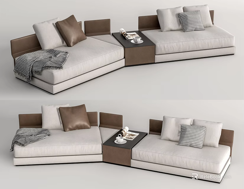 Beige and Brown Sectional Sofa with Plaid Cushions Throw Blanket and Side Table 3d model