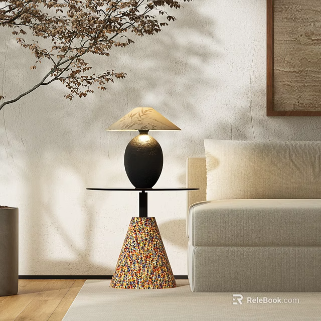 Modern Corner Table With Woven Base Table Lamp And Sofa In Living Room 3d model 