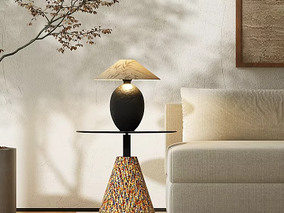 Modern Corner Table With Woven Base Table Lamp And Sofa In Living Room 3d model