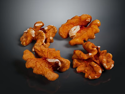 Close Up View Of Shelled Walnuts With Brown Textured Surface On Dark Background 3d model