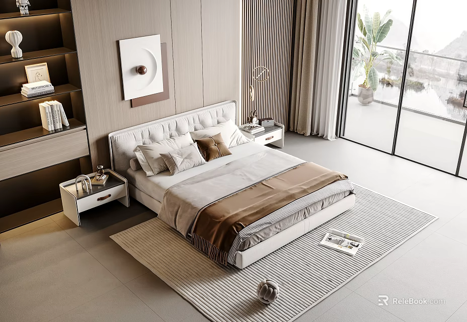 Double Bed with Upholstered Headboard Pillows Blanket Nightstands Bookshelf and Large Windows 3d model 
