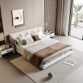 Double Bed with Upholstered Headboard Pillows Blanket Nightstands Bookshelf and Large Windows