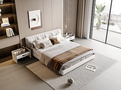 Double Bed with Upholstered Headboard Pillows Blanket Nightstands Bookshelf and Large Windows 3d model