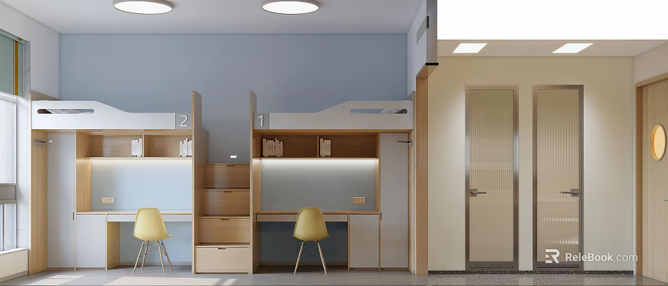 Modern Dormitory Room Interior With Bunk Beds Desks Storage Cabinets Yellow Chairs And Blue Walls 3d model 