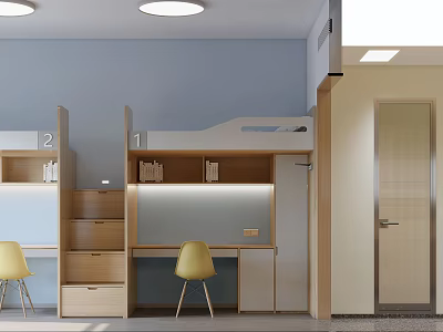 Modern Dormitory Room Interior With Bunk Beds Desks Storage Cabinets Yellow Chairs And Blue Walls 3d model
