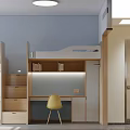Modern Dormitory Room Interior With Bunk Beds Desks Storage Cabinets Yellow Chairs And Blue Walls