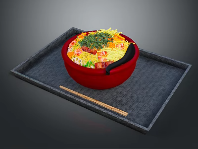 Red Bowl Japanese Ramen With Fresh Vegetables Sliced Meat Nori On Black Tray And Chopsticks 3d model