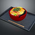 Red Bowl Japanese Ramen With Fresh Vegetables Sliced Meat Nori On Black Tray And Chopsticks