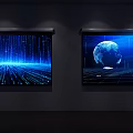 Modern Projection Monitoring System with Large Screens Blue Light Displaying Earth Grid in Dark Room