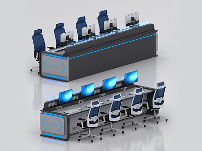 Modern Control Room Setup With Console Multiple Screens And Ergonomic Chairs 3d model
