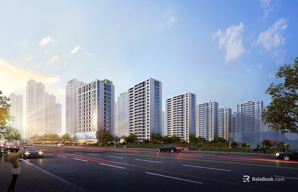 Modern High rise Residential Building Exterior With Trees Road Cars And Blue Sky View 3d model 