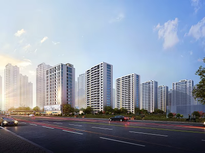 Modern High rise Residential Building Exterior With Trees Road Cars And Blue Sky View 3d model