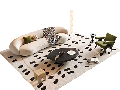 Beige Curved Sofa with Green Cushions and Black Round Coffee Table Set on Spotted Rug 3d model