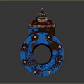 Rusted Industrial Valve With Blue Red Body Flange And Bolts